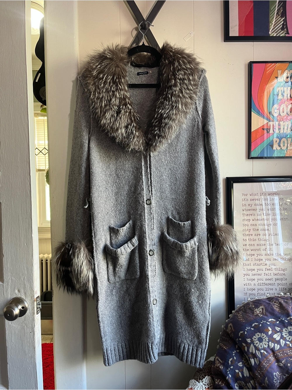Magaschoni Gray Knit Trench Coat with Faux Fur Trim